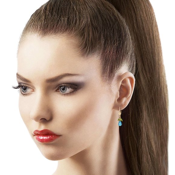 14K GOLD LEVERBACK EARRING W BLUE TOPAZ & PERIDOTS - Picture 2 of 5